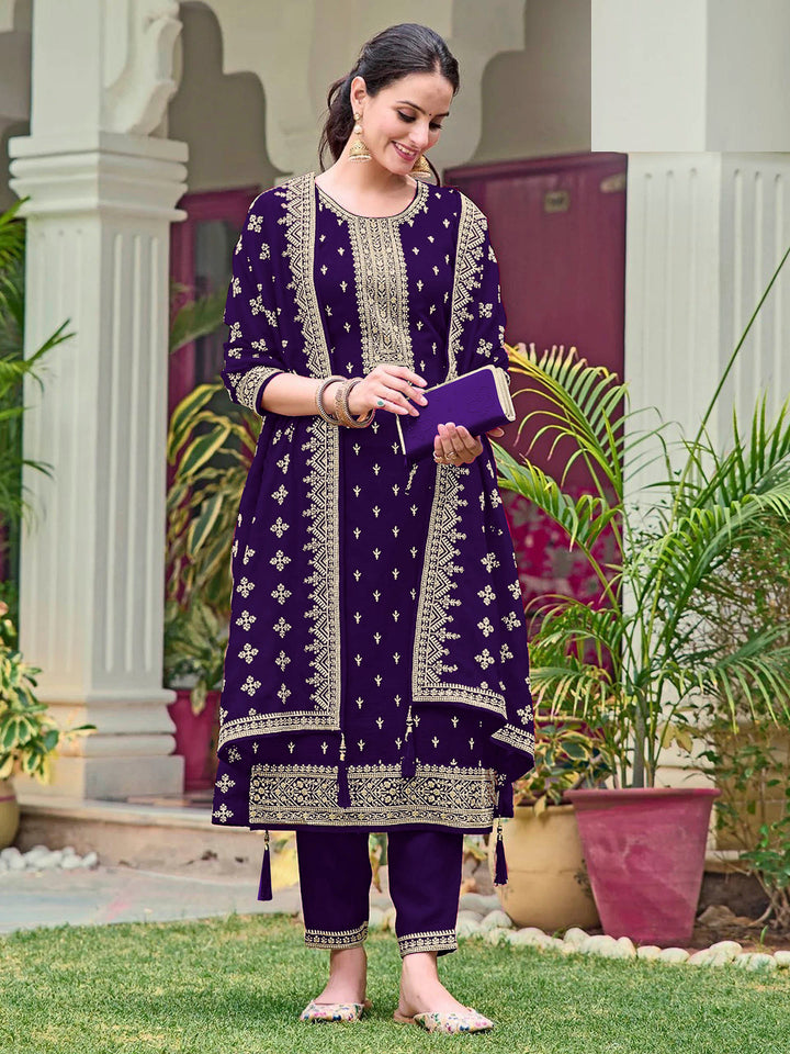 Purple Georgette Embroidered Semi Stitched Straight Kurta With Pant &amp; Dupatta