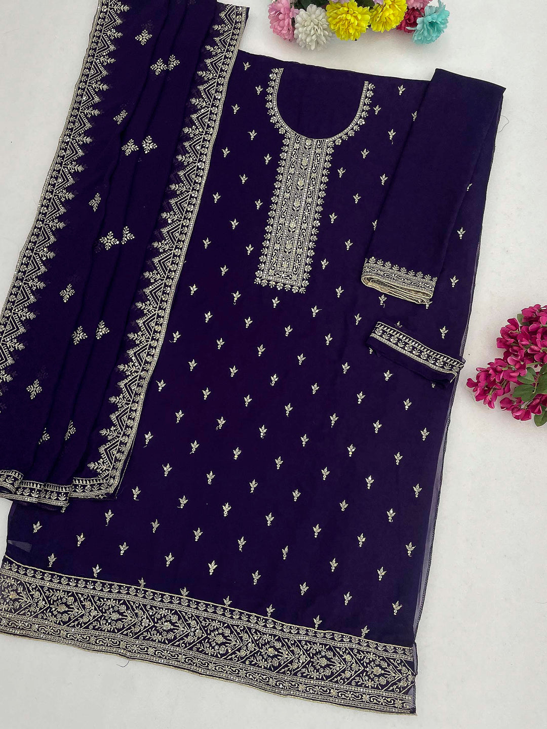 Purple Georgette Embroidered Semi Stitched Straight Kurta With Pant &amp; Dupatta