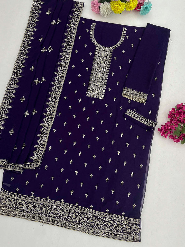 Purple Georgette Embroidered Semi Stitched Straight Kurta With Pant &amp; Dupatta