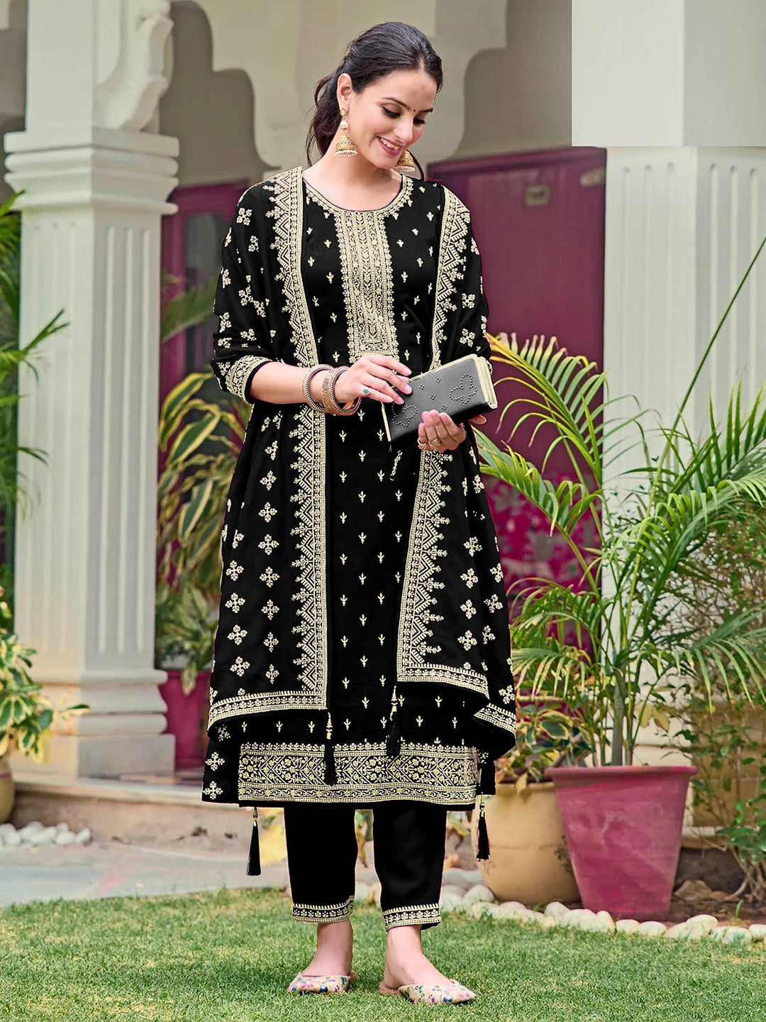Black Georgette Embroidered Semi Stitched Straight Kurta With Pant &amp; Dupatta