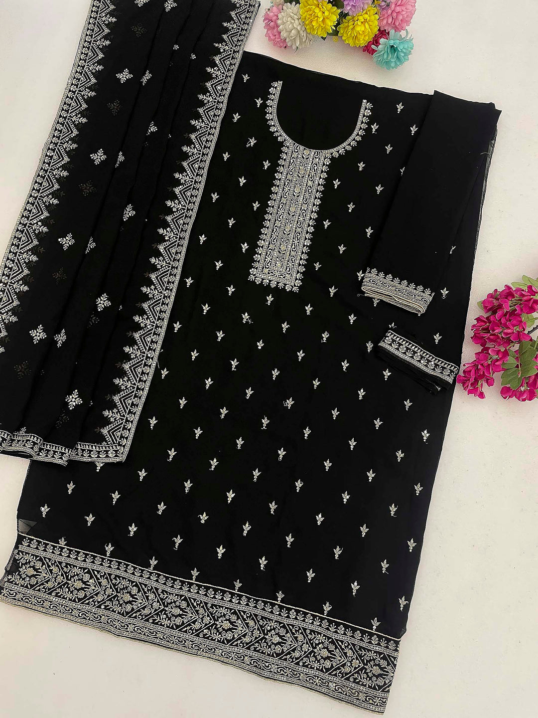 Black Georgette Embroidered Semi Stitched Straight Kurta With Pant &amp; Dupatta