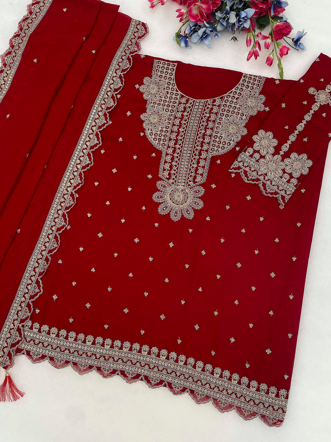 Red Georgette Embroidered Semi Stitched Straight Kurta With Pant &amp; Dupatta
