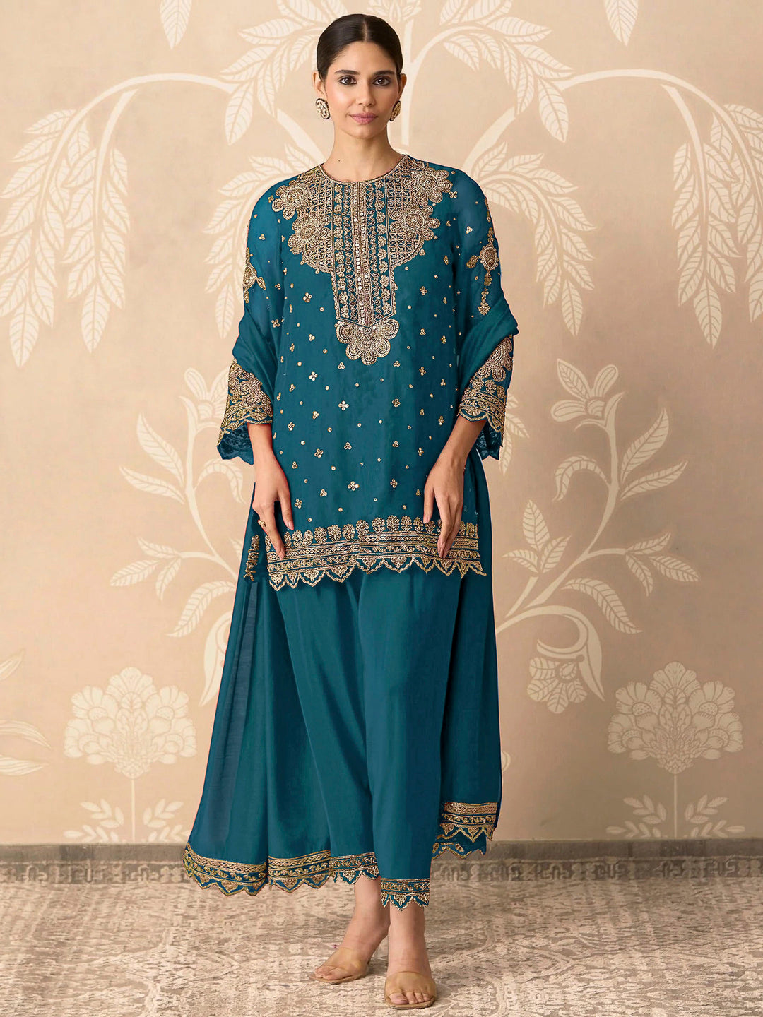 Teal Blue Georgette Embroidered Semi Stitched Straight Kurta With Pant &amp; Dupatta