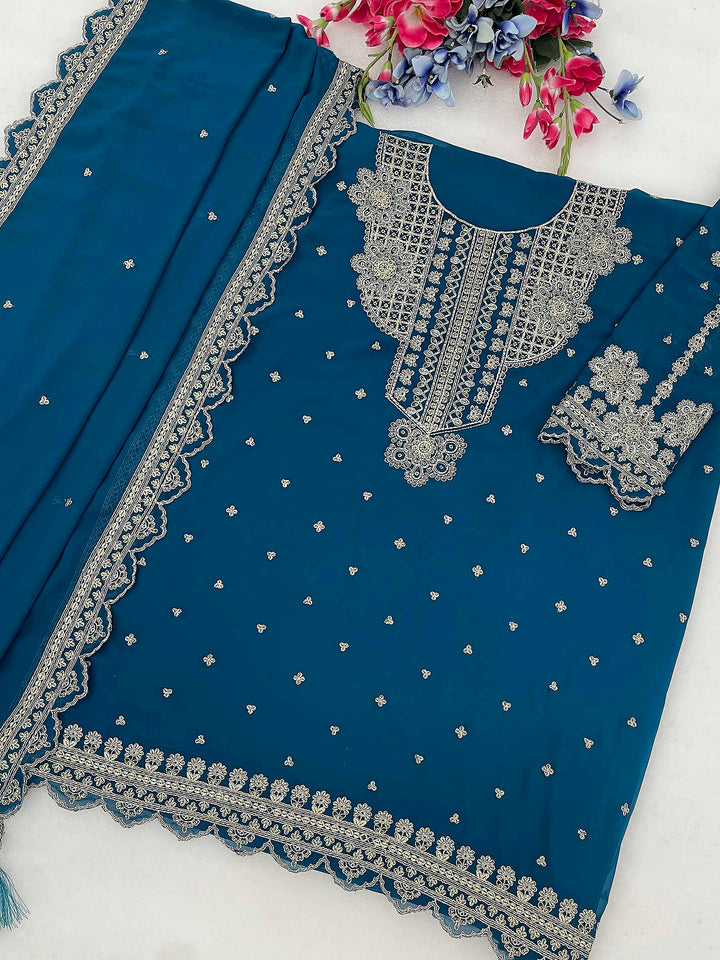 Teal Blue Georgette Embroidered Semi Stitched Straight Kurta With Pant &amp; Dupatta