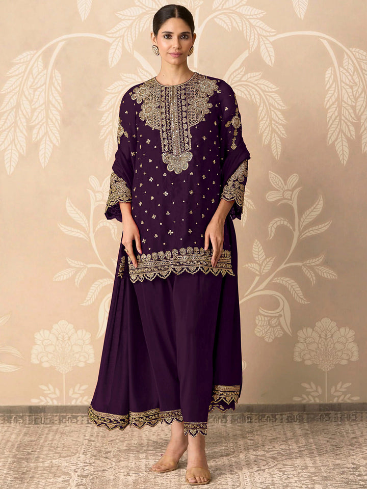 Purple Georgette Embroidered Semi Stitched Straight Kurta With Pant &amp; Dupatta