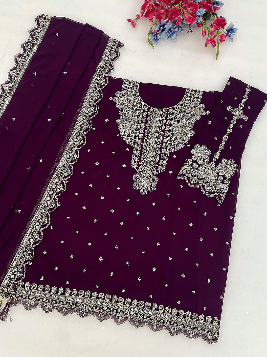 Purple Georgette Embroidered Semi Stitched Straight Kurta With Pant &amp; Dupatta