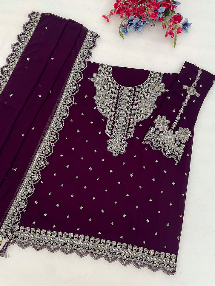 Purple Georgette Embroidered Semi Stitched Straight Kurta With Pant &amp; Dupatta