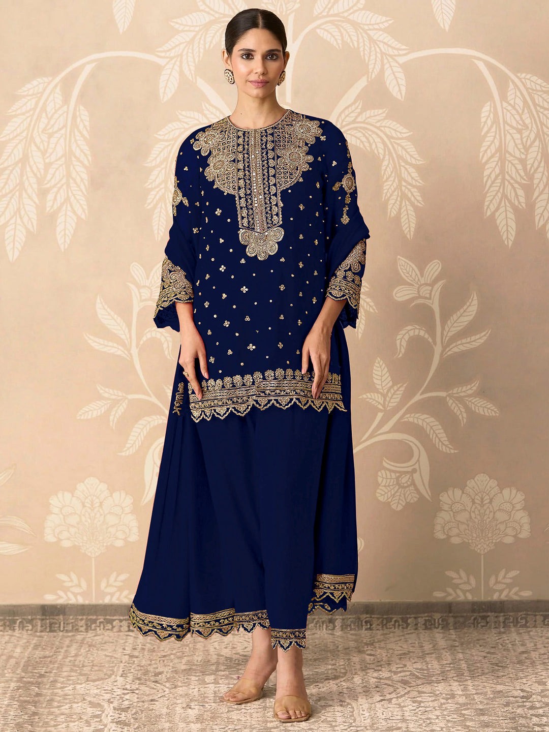 Blue Georgette Embroidered Semi Stitched Straight Kurta With Pant &amp; Dupatta