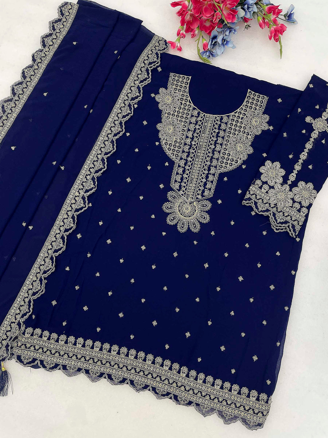 Blue Georgette Embroidered Semi Stitched Straight Kurta With Pant &amp; Dupatta