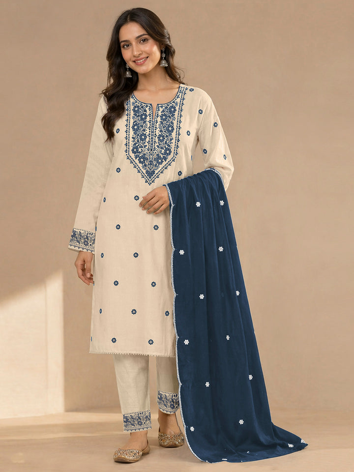 Cream-Navy Cotton Blend Embroidered Semi Stitched Straight Kurta With Pant &amp; Dupatta