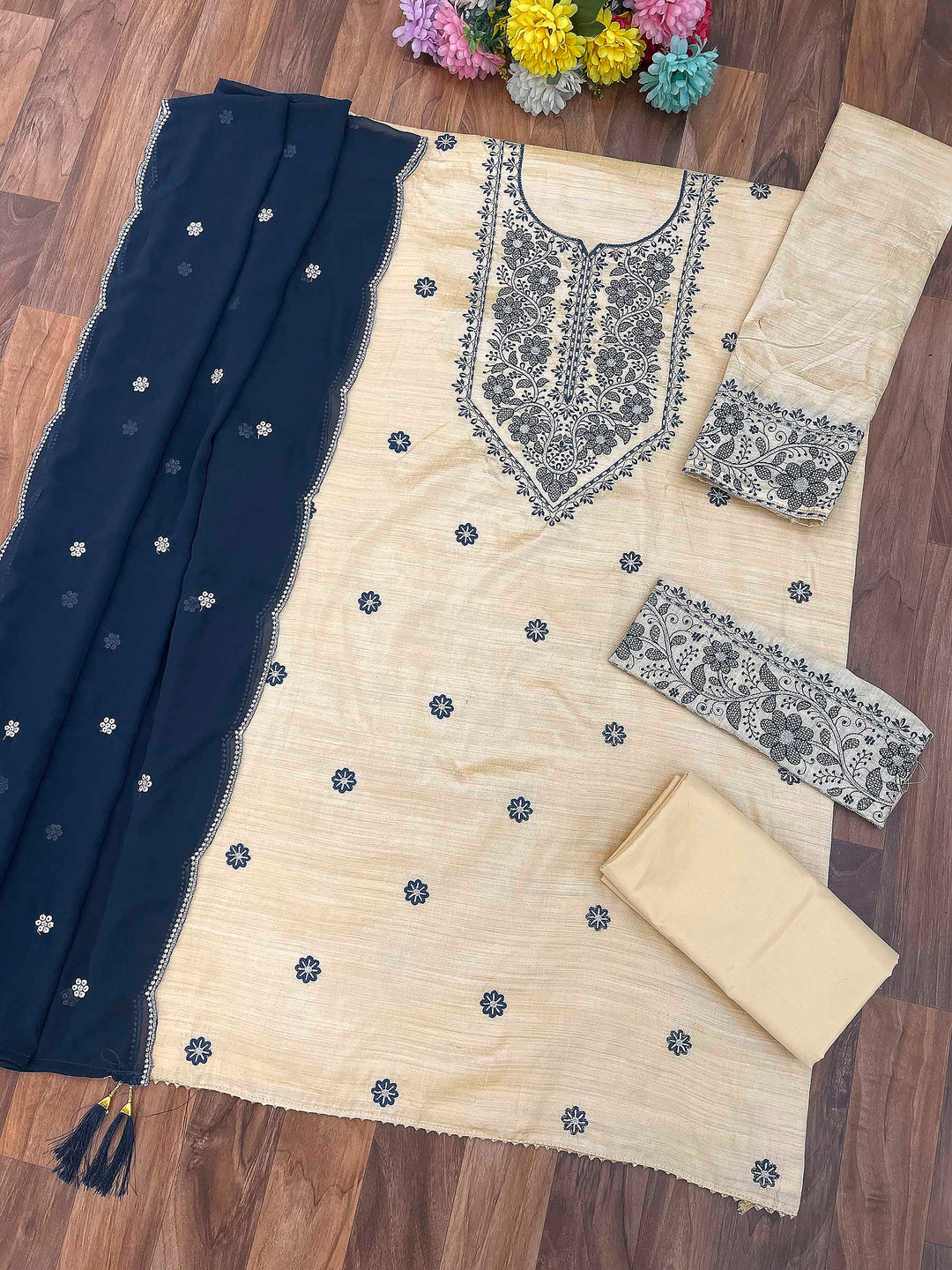 Cream-Navy Cotton Blend Embroidered Semi Stitched Straight Kurta With Pant &amp; Dupatta