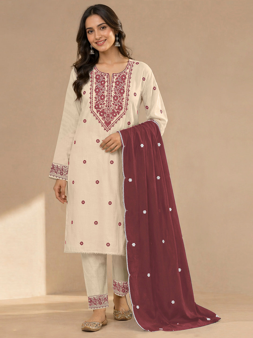 Cream-Wine Cotton Blend Embroidered Semi Stitched Straight Kurta With Pant &amp; Dupatta