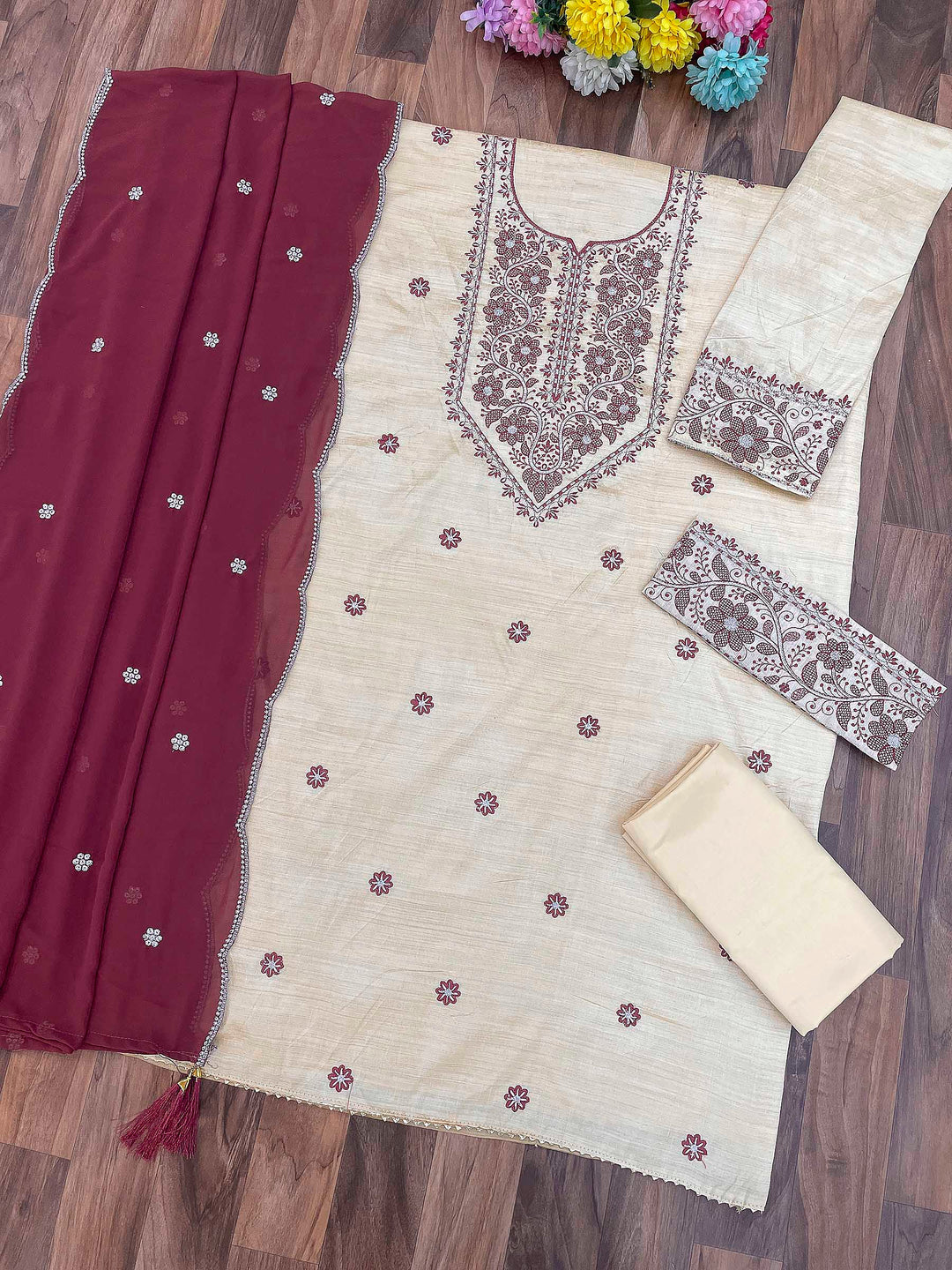 Cream-Wine Cotton Blend Embroidered Semi Stitched Straight Kurta With Pant &amp; Dupatta