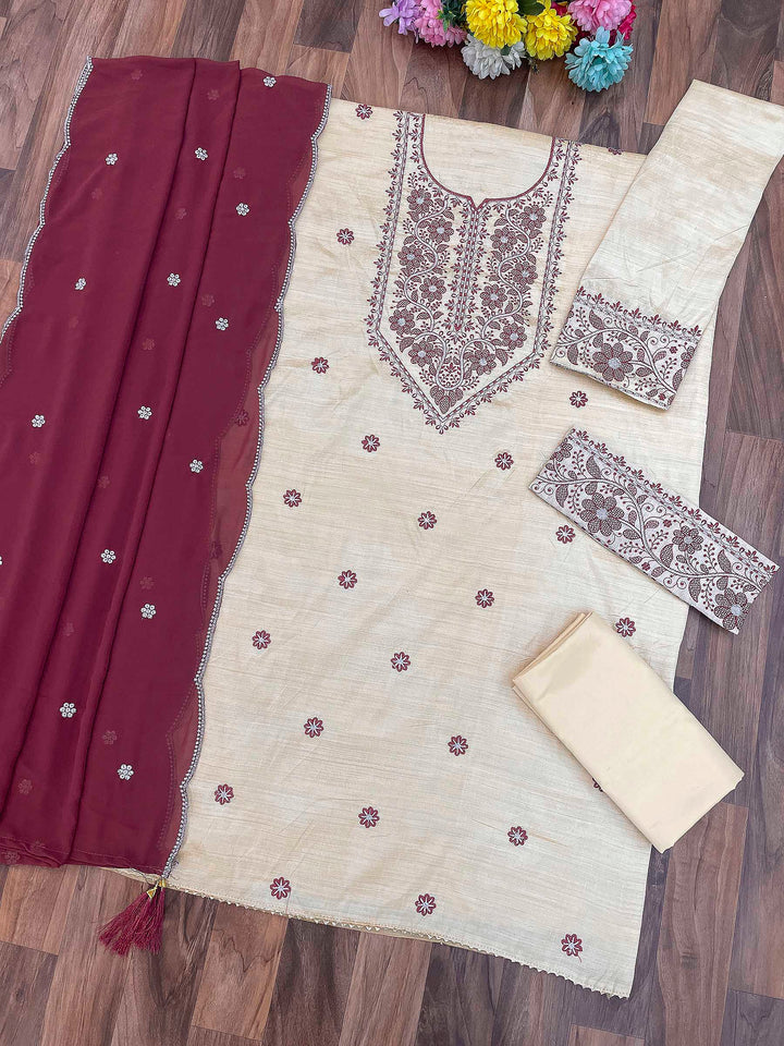 Cream-Wine Cotton Blend Embroidered Semi Stitched Straight Kurta With Pant &amp; Dupatta