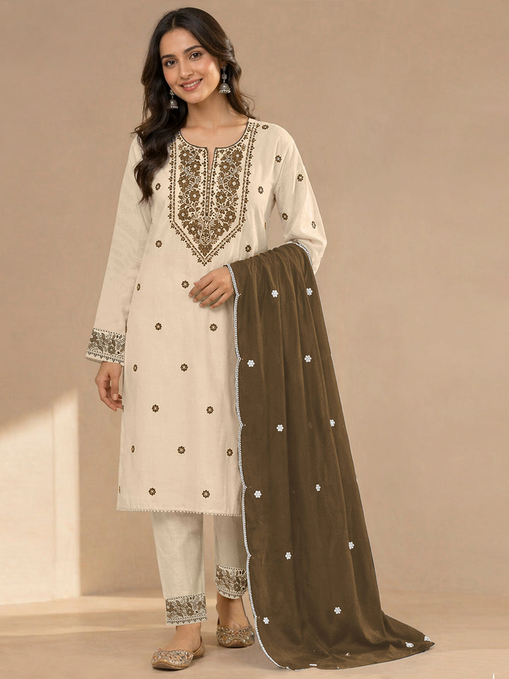 Cream-Mehndi Cotton Blend Embroidered Semi Stitched Straight Kurta With Pant &amp; Dupatta