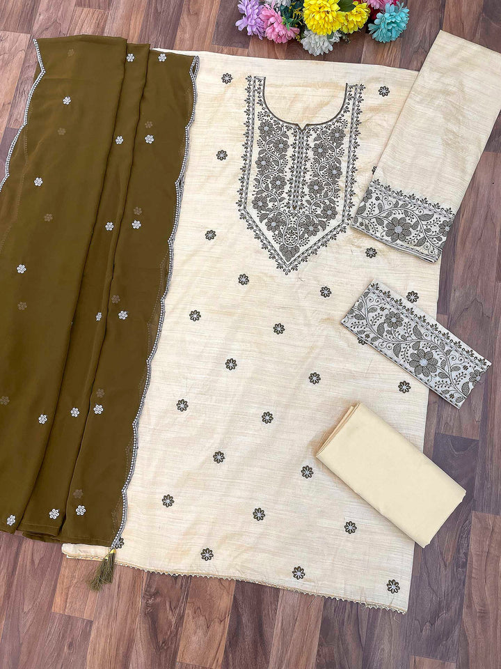 Cream-Mehndi Cotton Blend Embroidered Semi Stitched Straight Kurta With Pant &amp; Dupatta