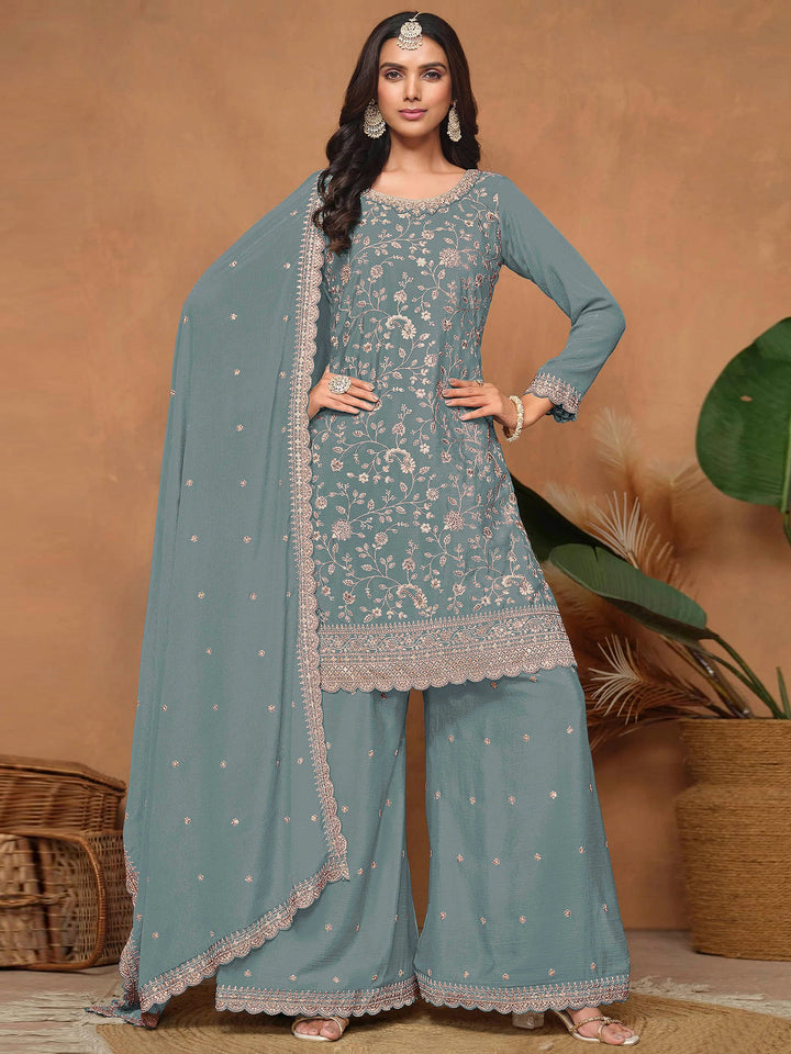 Grey Art Silk Embroidered Semi Stitched Straight Kurta With Palazzo &amp; Dupatta