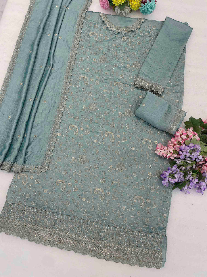 Grey Art Silk Embroidered Semi Stitched Straight Kurta With Palazzo &amp; Dupatta