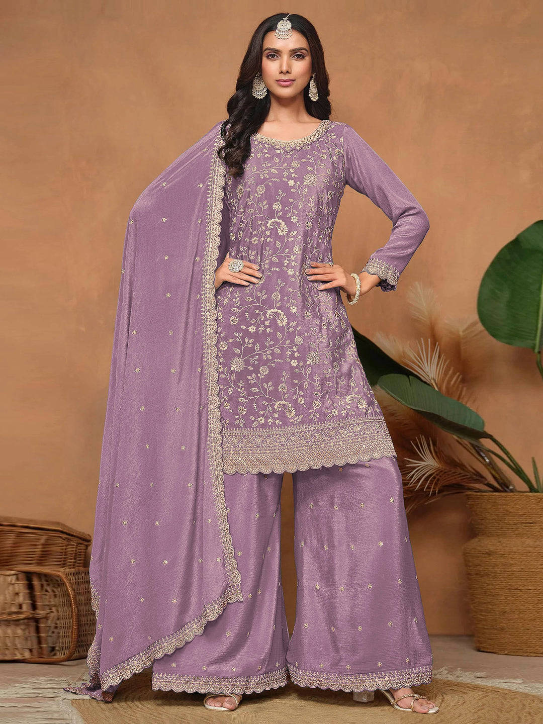 Lavender Art Silk Embroidered Semi Stitched Straight Kurta With Palazzo &amp; Dupatta