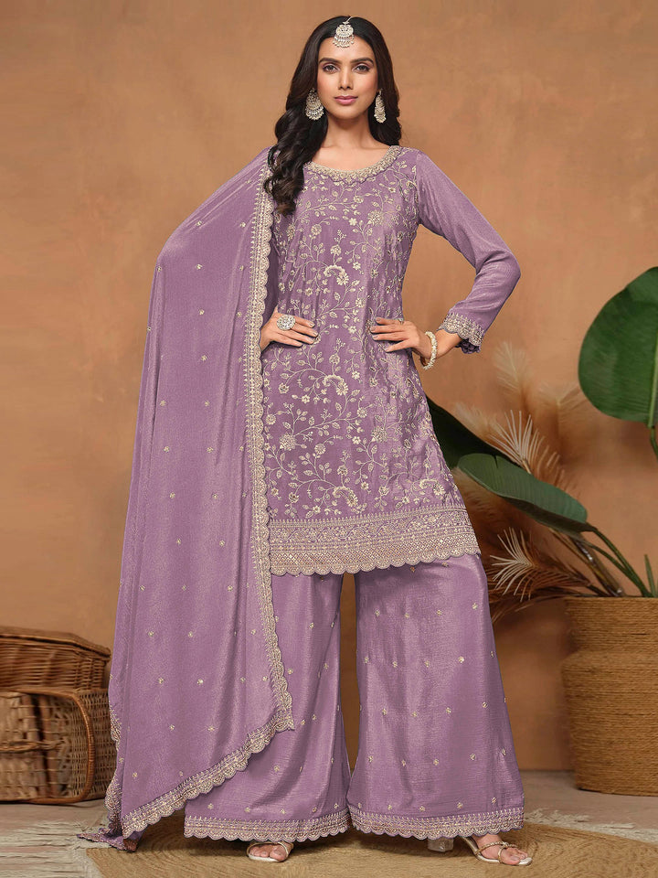 Lavender Art Silk Embroidered Semi Stitched Straight Kurta With Palazzo &amp; Dupatta
