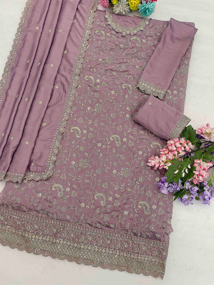 Lavender Art Silk Embroidered Semi Stitched Straight Kurta With Palazzo &amp; Dupatta