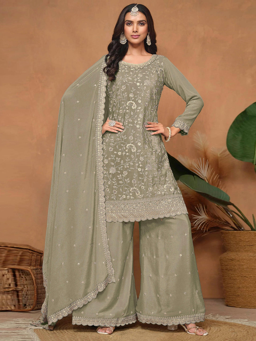 Olive Green Art Silk Embroidered Semi Stitched Straight Kurta With Palazzo &amp; Dupatta