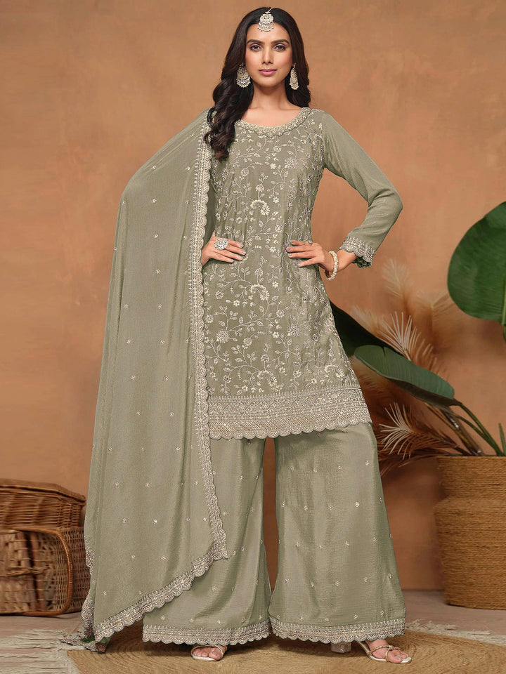 Olive Green Art Silk Embroidered Semi Stitched Straight Kurta With Palazzo &amp; Dupatta