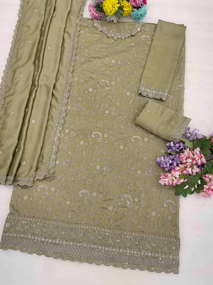 Olive Green Art Silk Embroidered Semi Stitched Straight Kurta With Palazzo &amp; Dupatta