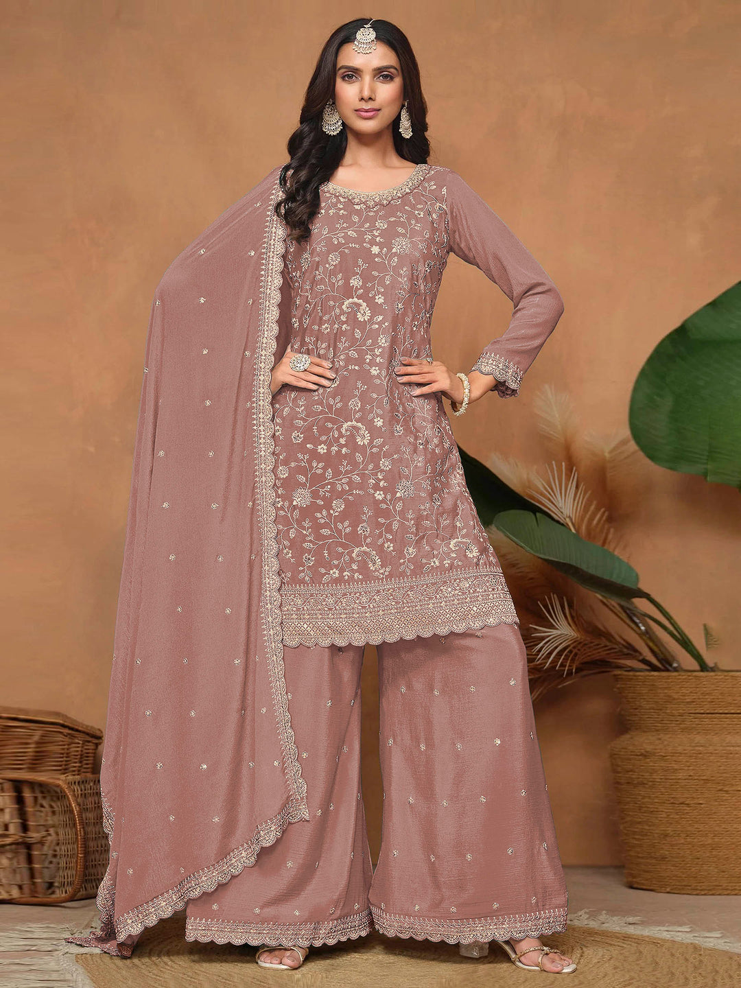Onion Pink Art Silk Embroidered Semi Stitched Straight Kurta With Palazzo &amp; Dupatta