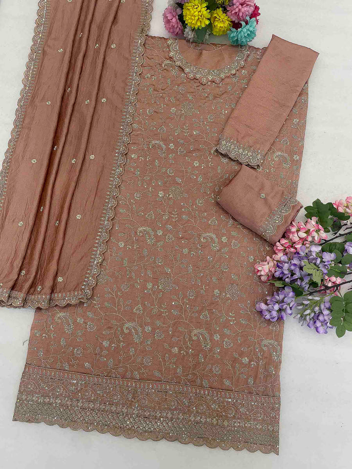 Onion Pink Art Silk Embroidered Semi Stitched Straight Kurta With Palazzo &amp; Dupatta