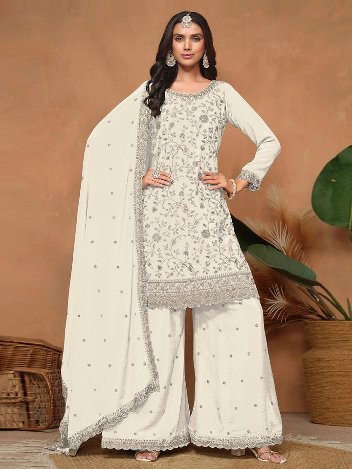Off White Art Silk Embroidered Semi Stitched Straight Kurta With Palazzo &amp; Dupatta