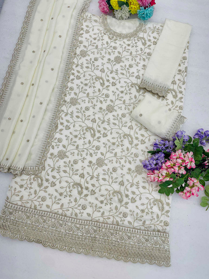 Off White Art Silk Embroidered Semi Stitched Straight Kurta With Palazzo &amp; Dupatta