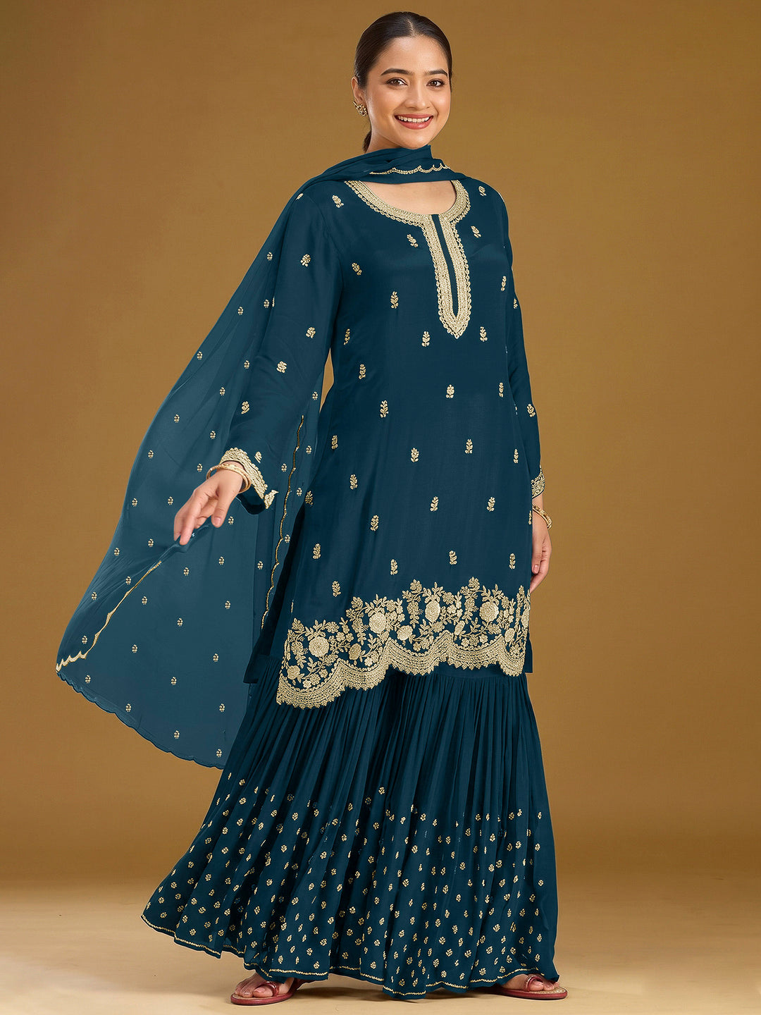 Teal Blue Georgette Embroidered Semi Stitched Straight Kurta With Flared Sharara &amp; Dupatta