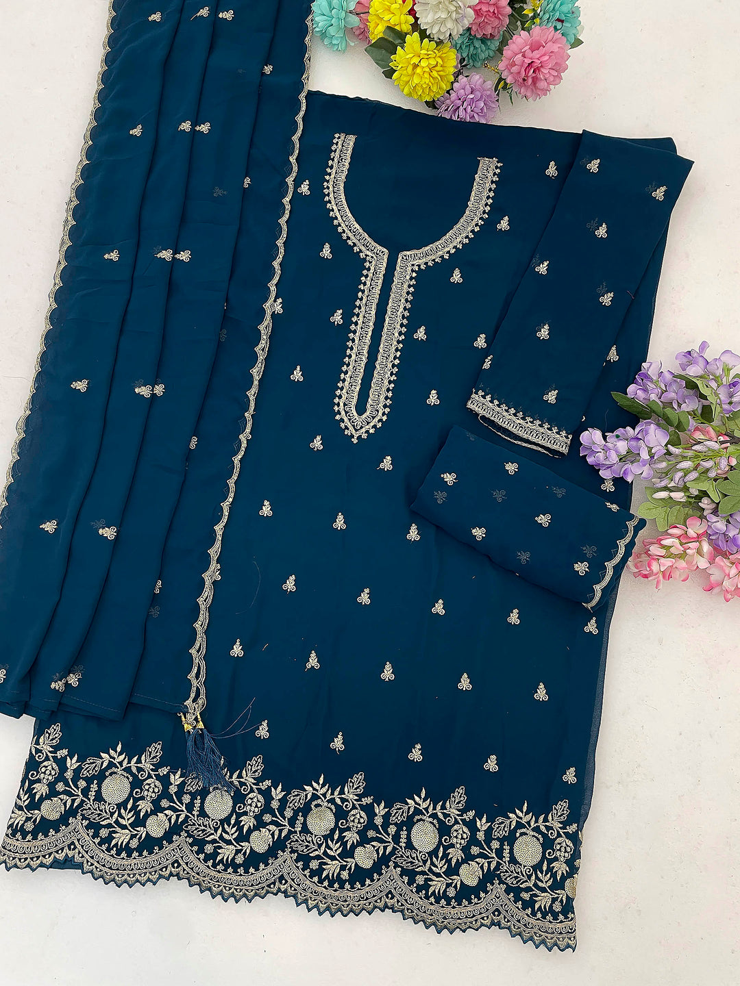 Teal Blue Georgette Embroidered Semi Stitched Straight Kurta With Flared Sharara &amp; Dupatta