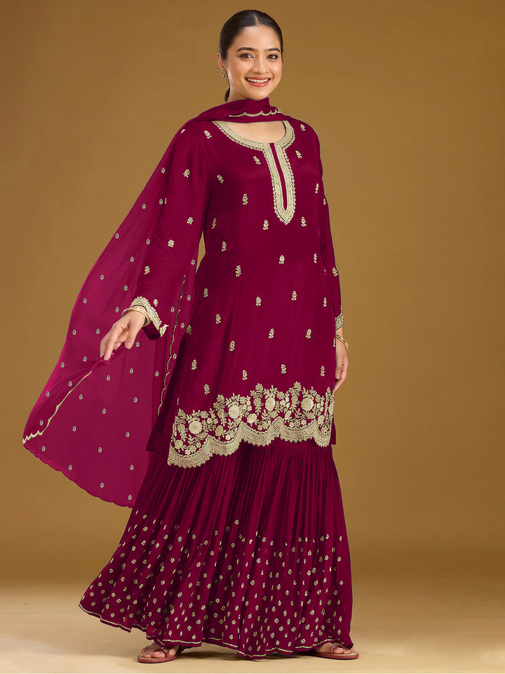 Burgundy Georgette Embroidered Semi Stitched Straight Kurta With Flared Sharara &amp; Dupatta