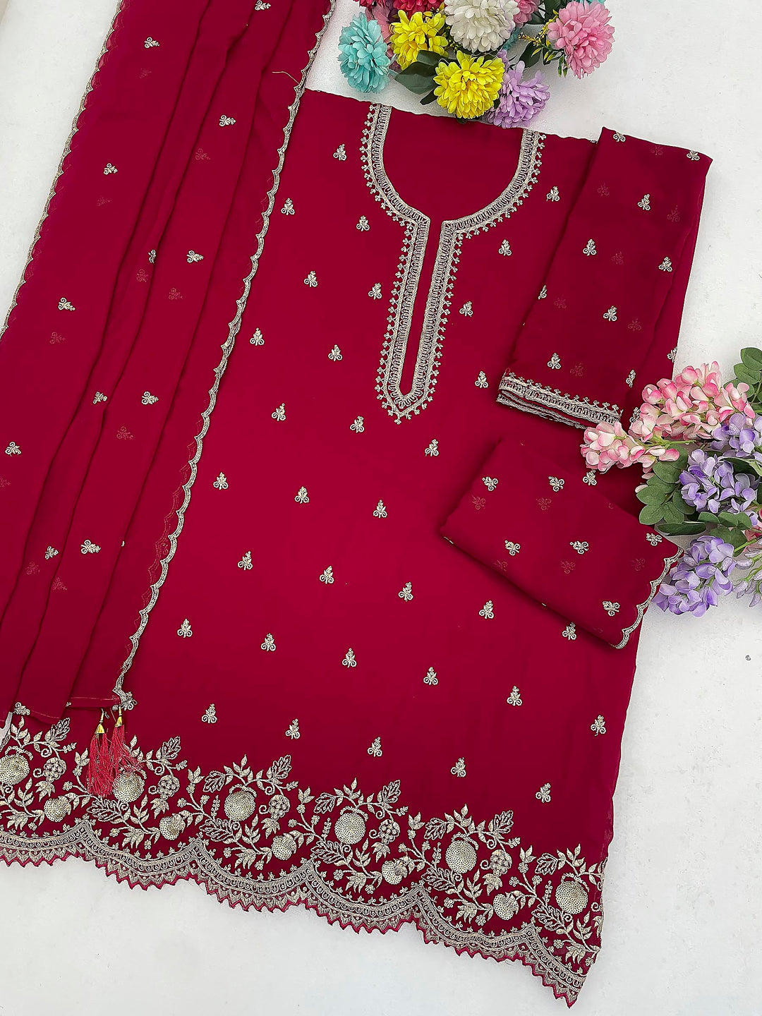Burgundy Georgette Embroidered Semi Stitched Straight Kurta With Flared Sharara &amp; Dupatta