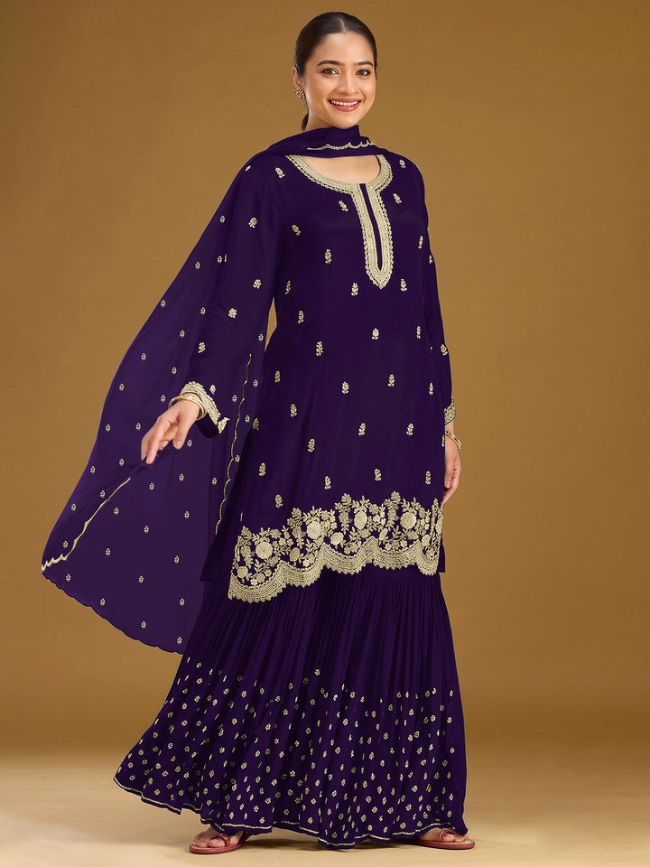 Purple Georgette Embroidered Semi Stitched Straight Kurta With Flared Sharara &amp; Dupatta