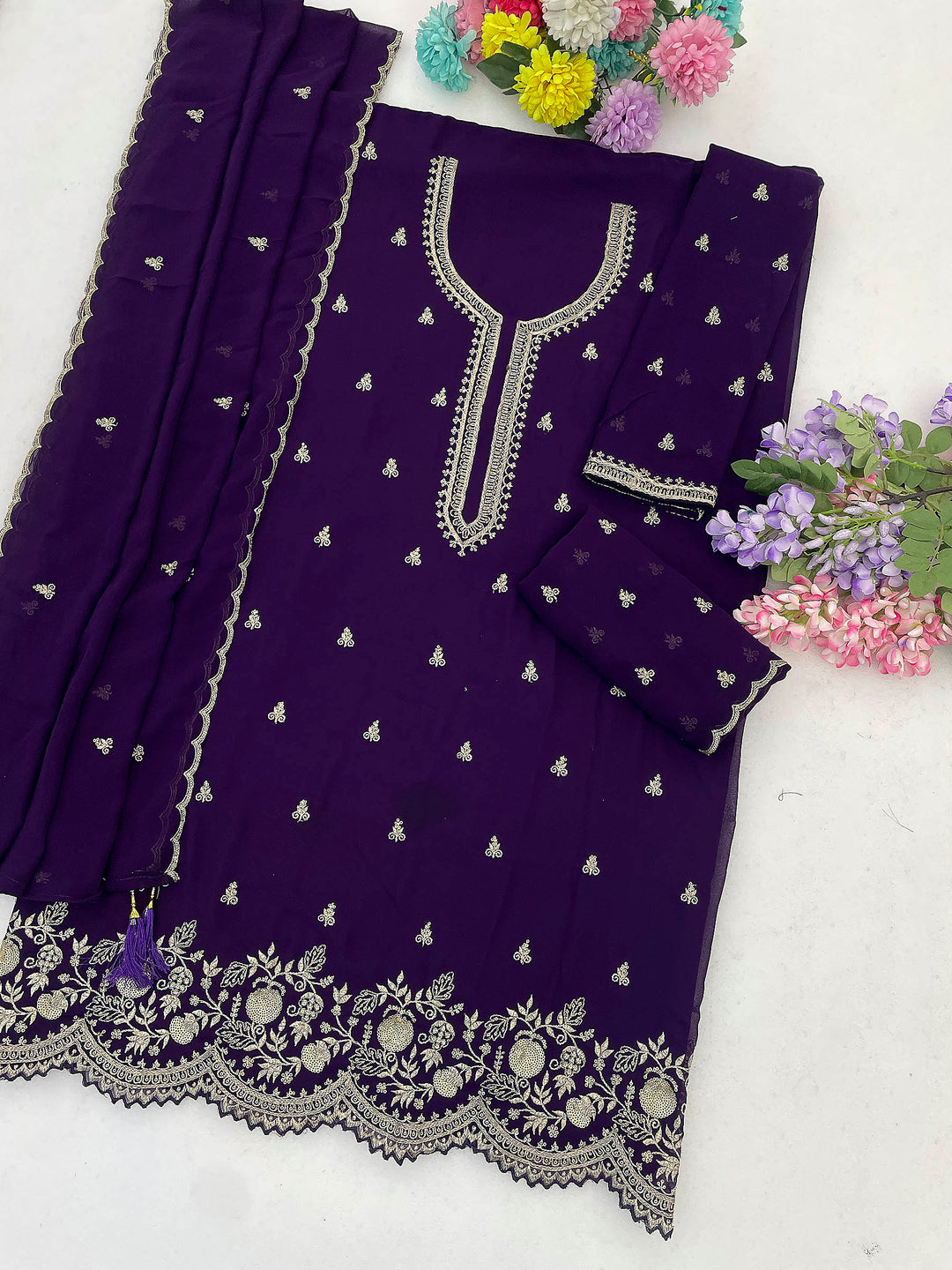 Purple Georgette Embroidered Semi Stitched Straight Kurta With Flared Sharara &amp; Dupatta