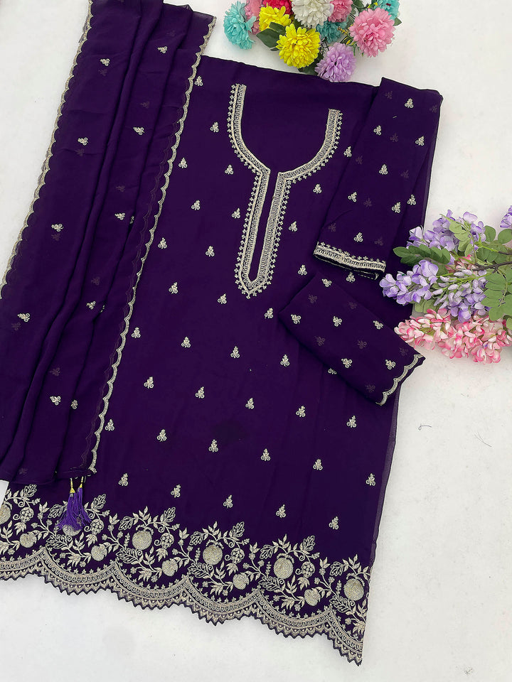 Purple Georgette Embroidered Semi Stitched Straight Kurta With Flared Sharara &amp; Dupatta