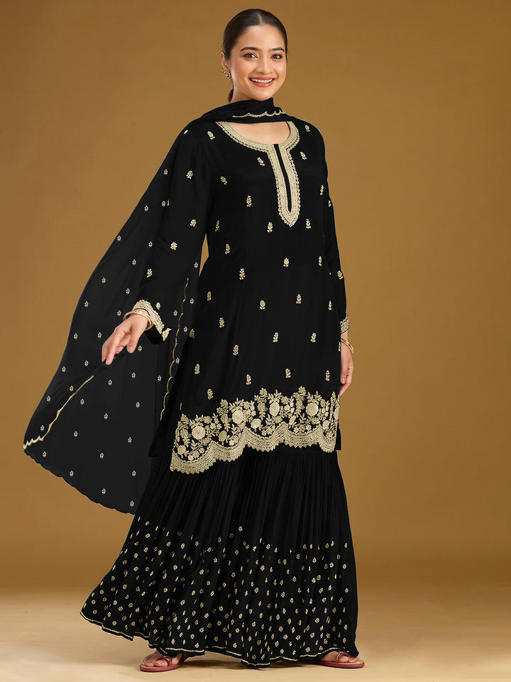 Black Georgette Embroidered Semi Stitched Straight Kurta With Flared Sharara &amp; Dupatta
