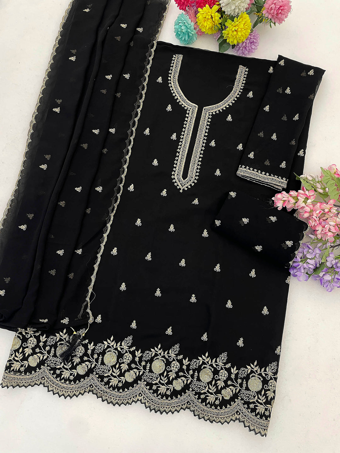 Black Georgette Embroidered Semi Stitched Straight Kurta With Flared Sharara &amp; Dupatta