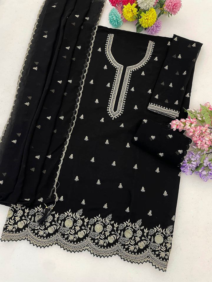 Black Georgette Embroidered Semi Stitched Straight Kurta With Flared Sharara &amp; Dupatta