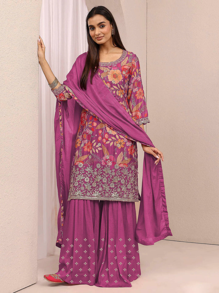 Pink Chinon Printed Semi Stitched Straight Kurta With Flared Sharara &amp; Dupatta