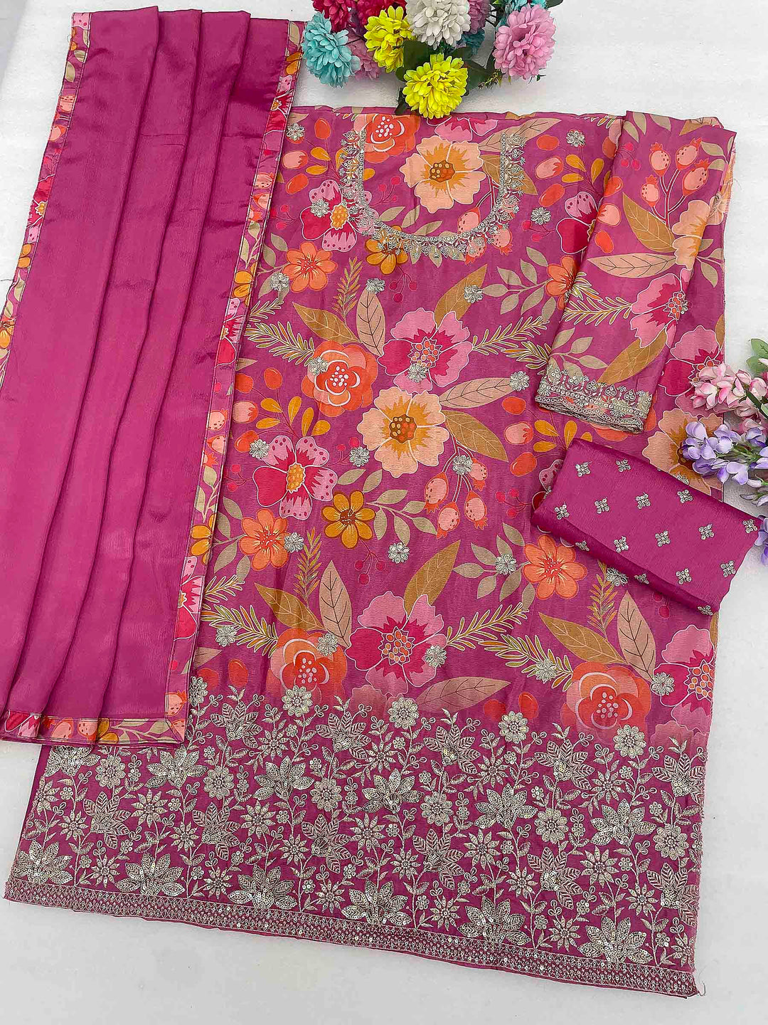 Pink Chinon Printed Semi Stitched Straight Kurta With Flared Sharara &amp; Dupatta