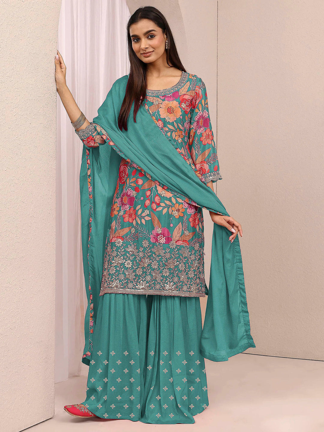 Teal Blue Chinon Printed Semi Stitched Straight Kurta With Flared Sharara &amp; Dupatta
