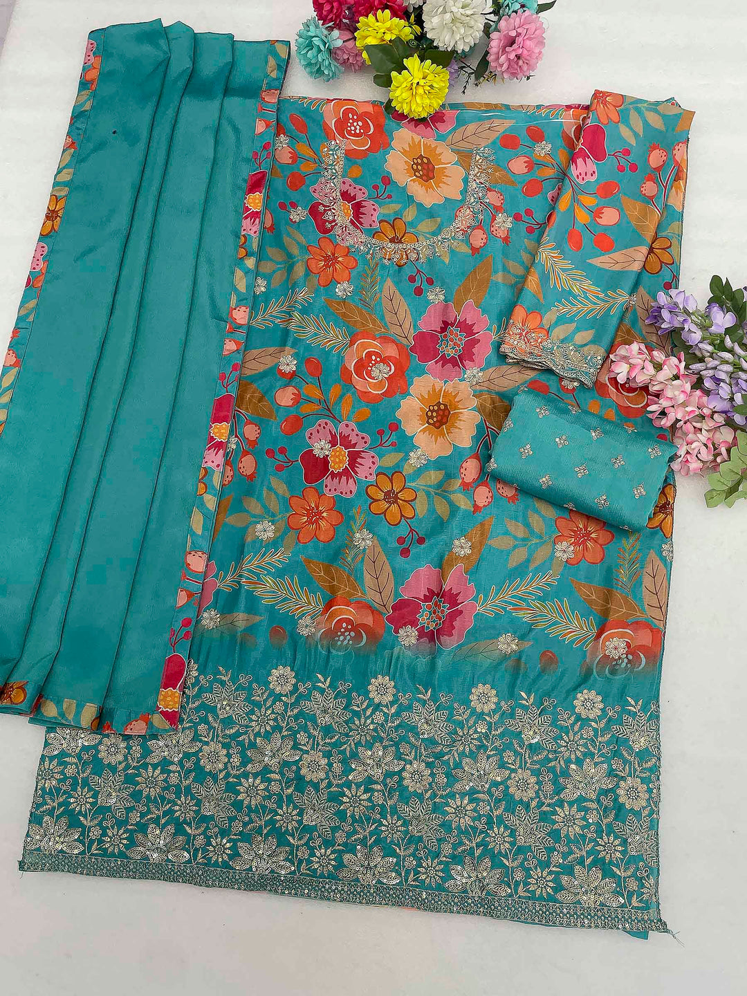 Teal Blue Chinon Printed Semi Stitched Straight Kurta With Flared Sharara &amp; Dupatta