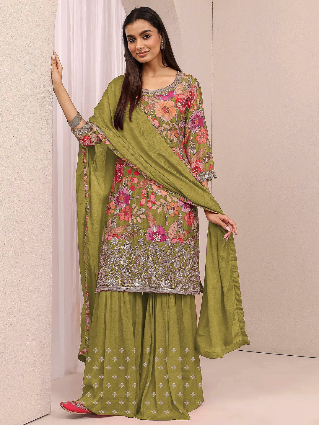 Mehndi Chinon Printed Semi Stitched Straight Kurta With Flared Sharara &amp; Dupatta