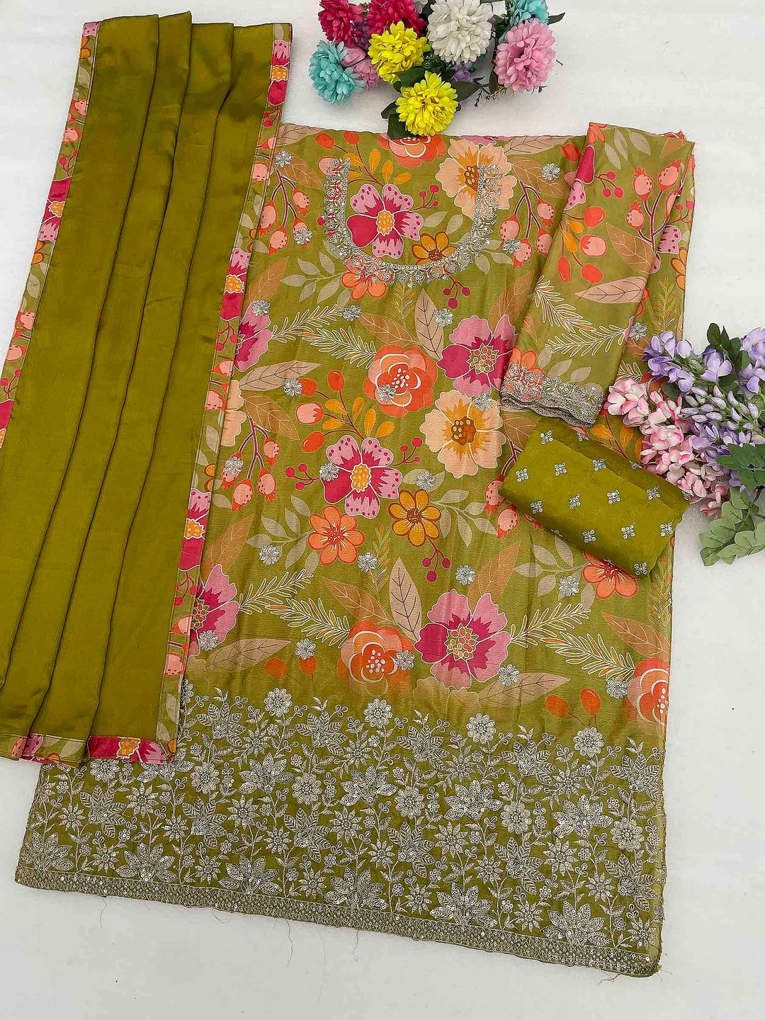 Mehndi Chinon Printed Semi Stitched Straight Kurta With Flared Sharara &amp; Dupatta