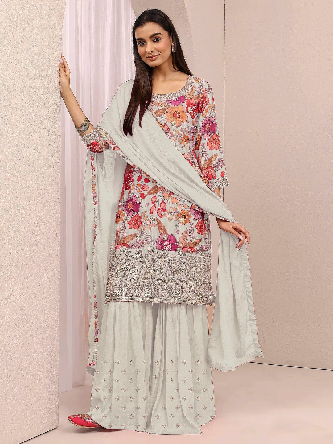 Off White Chinon Printed Semi Stitched Straight Kurta With Flared Sharara &amp; Dupatta