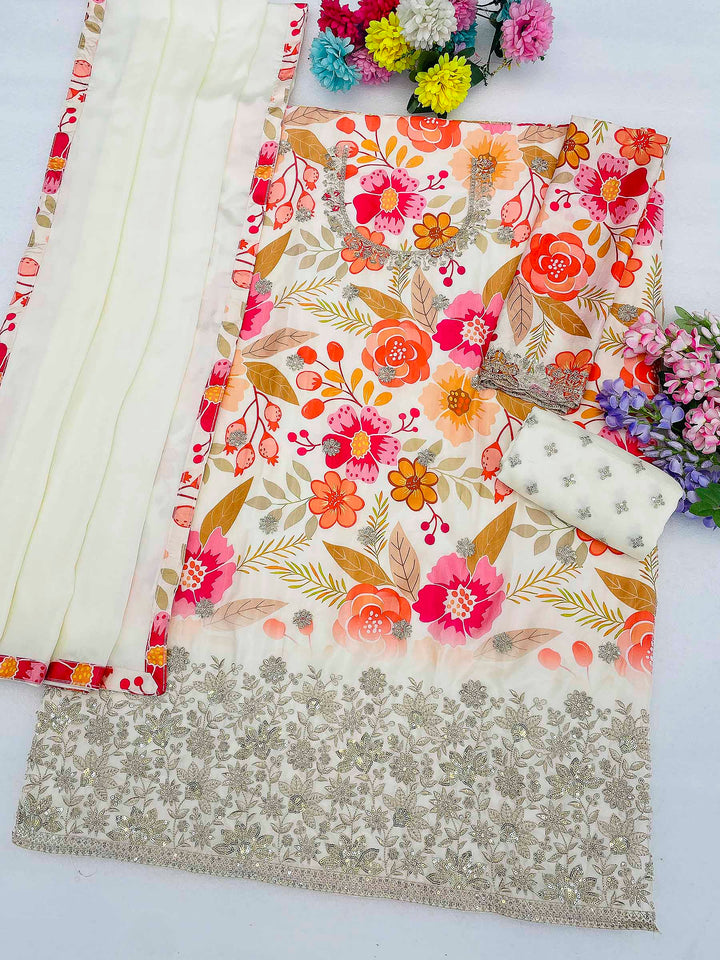 Off White Chinon Printed Semi Stitched Straight Kurta With Flared Sharara &amp; Dupatta